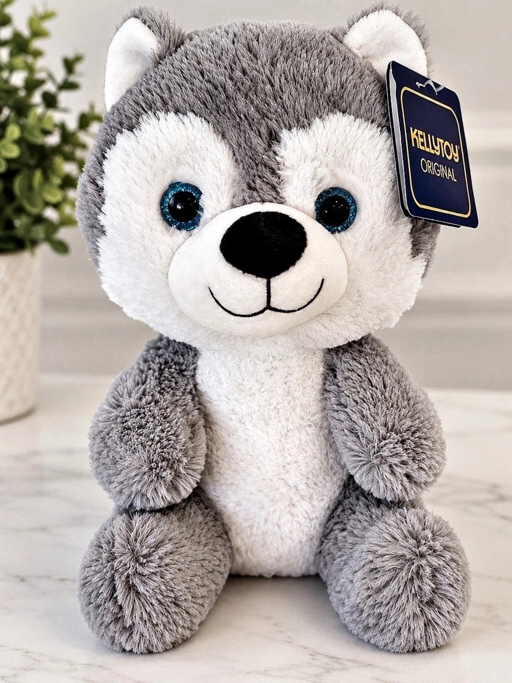 Kellytoy Sitting Dog - Husky x Rottweiler Plush Stuffed Animal Gray White NWT 12